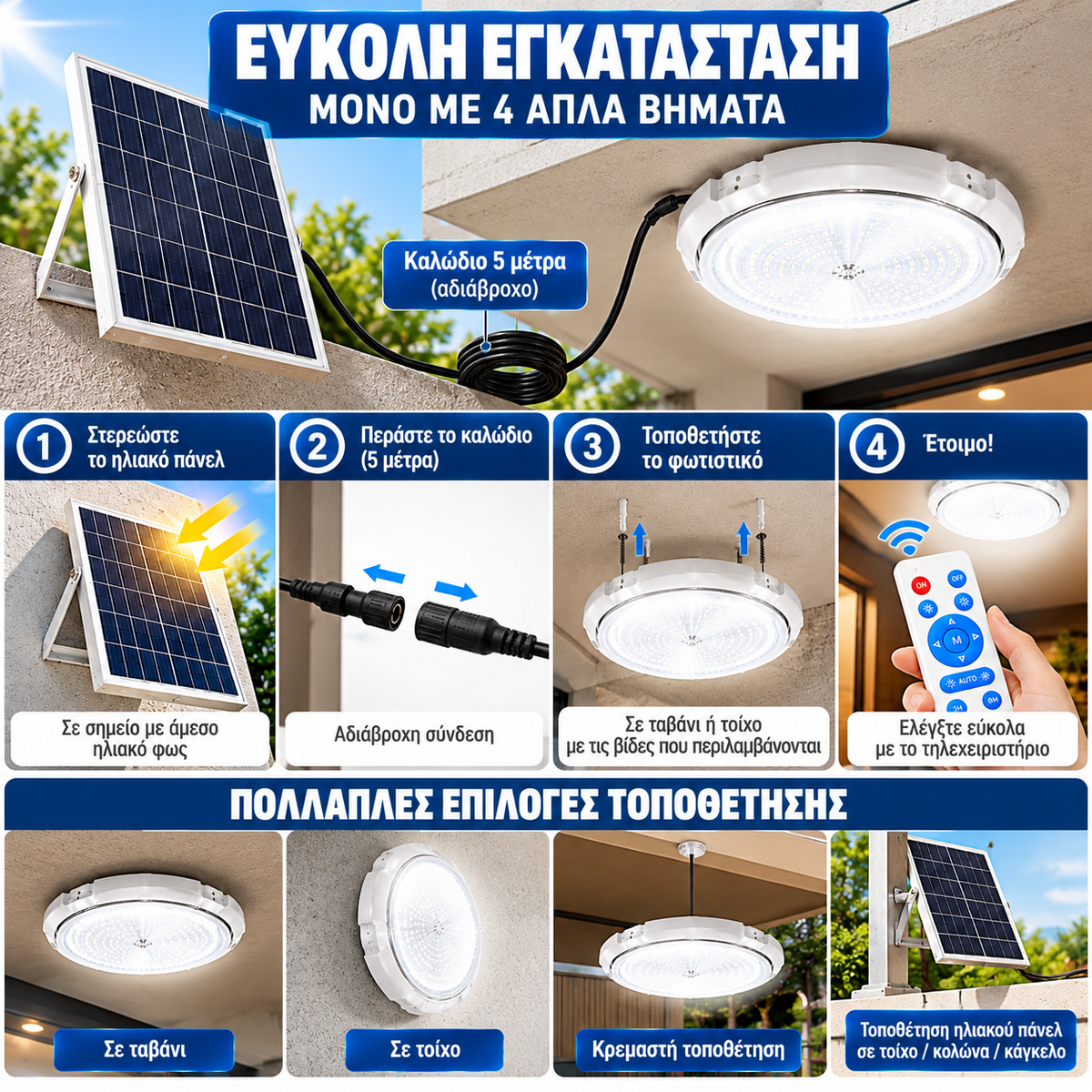 Ηλιακό Φωτιστικό Οροφής LED με Τηλεχειριστήριο & Ξεχωριστό Solar Panel