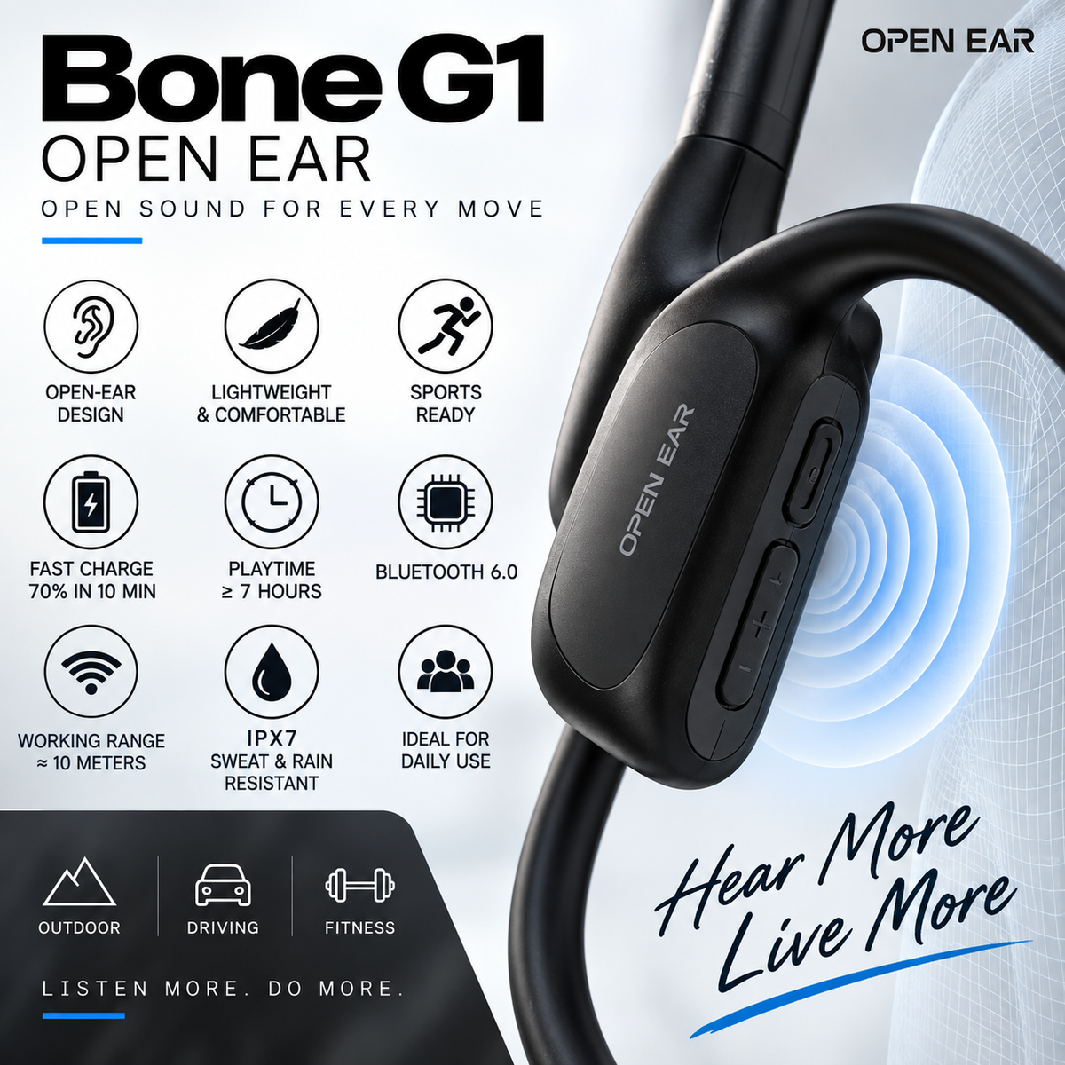 Bone G1 Open-Ear Ακουστικά Bluetooth – Αθλητικά & Αδιάβροχα IPX7