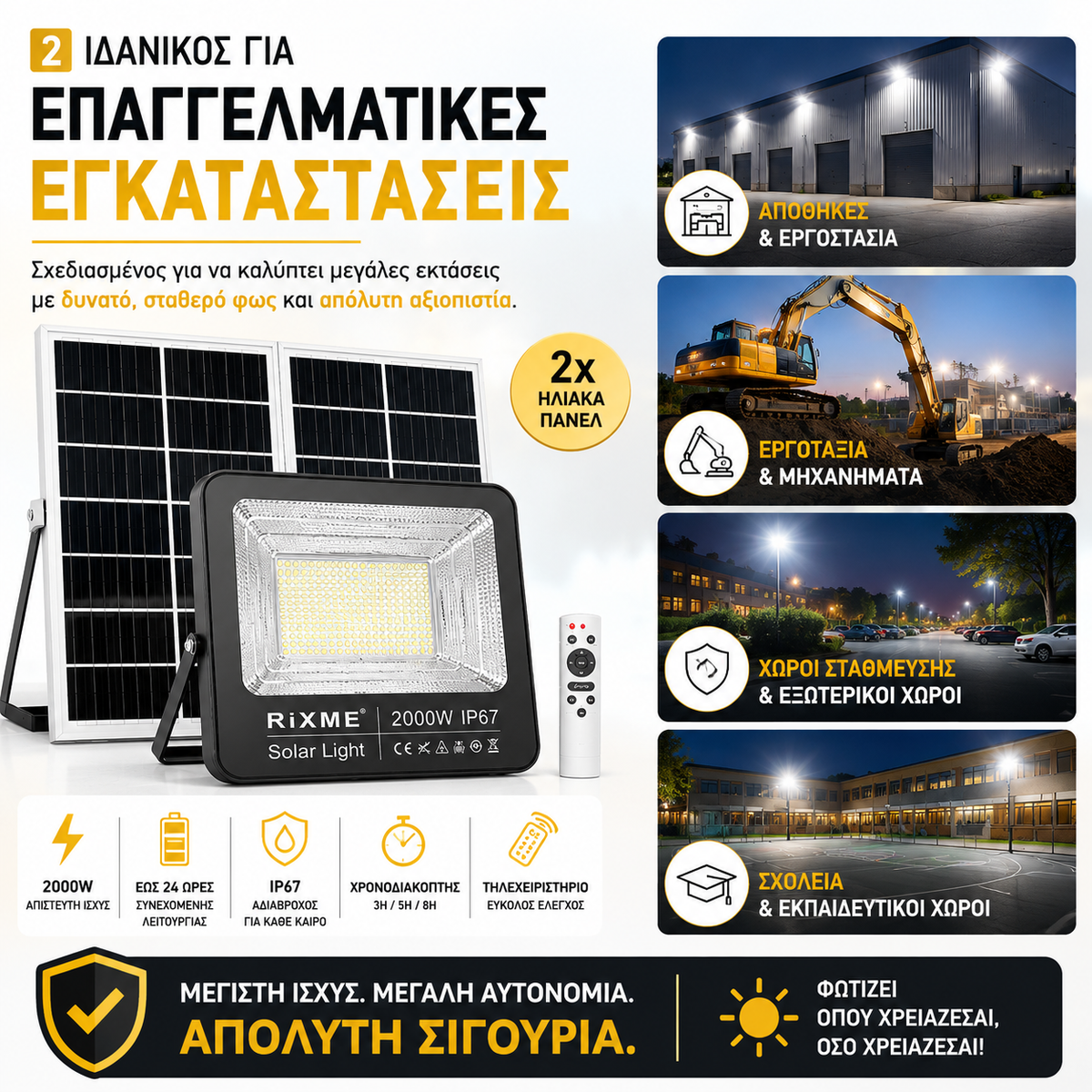 RIXME Ηλιακός Προβολέας 2000W IP67 με Διπλό Πάνελ & Τηλεχειριστήριο