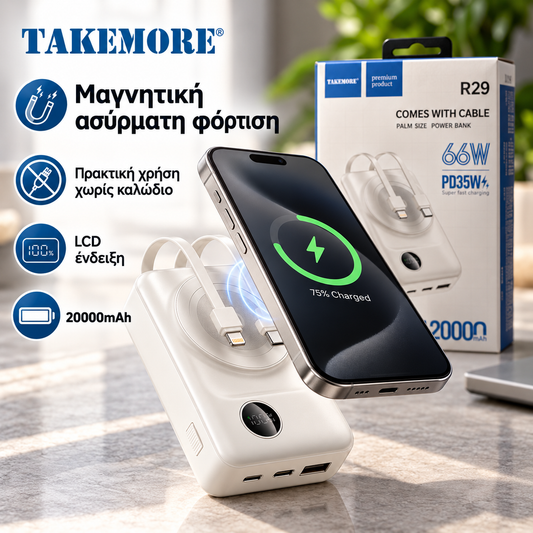 TAKEMORE Mini Power Bank 20.000mAh – Μαγνητική Φόρτιση & Ενσωματωμένα Καλώδια