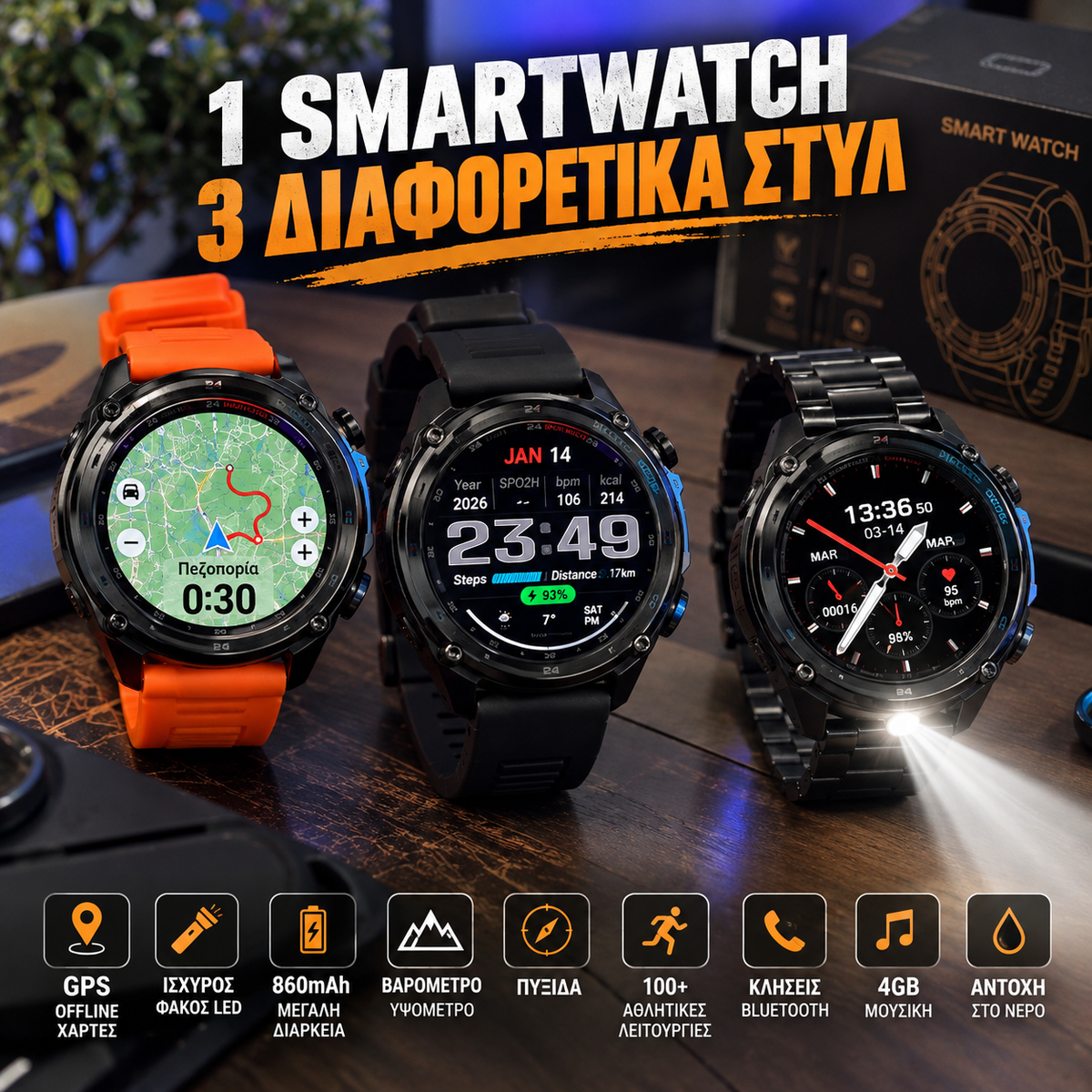 ADVENTURE Smartwatch GPS με Offline Χάρτες, Κλήσεις & 3 Λουράκια