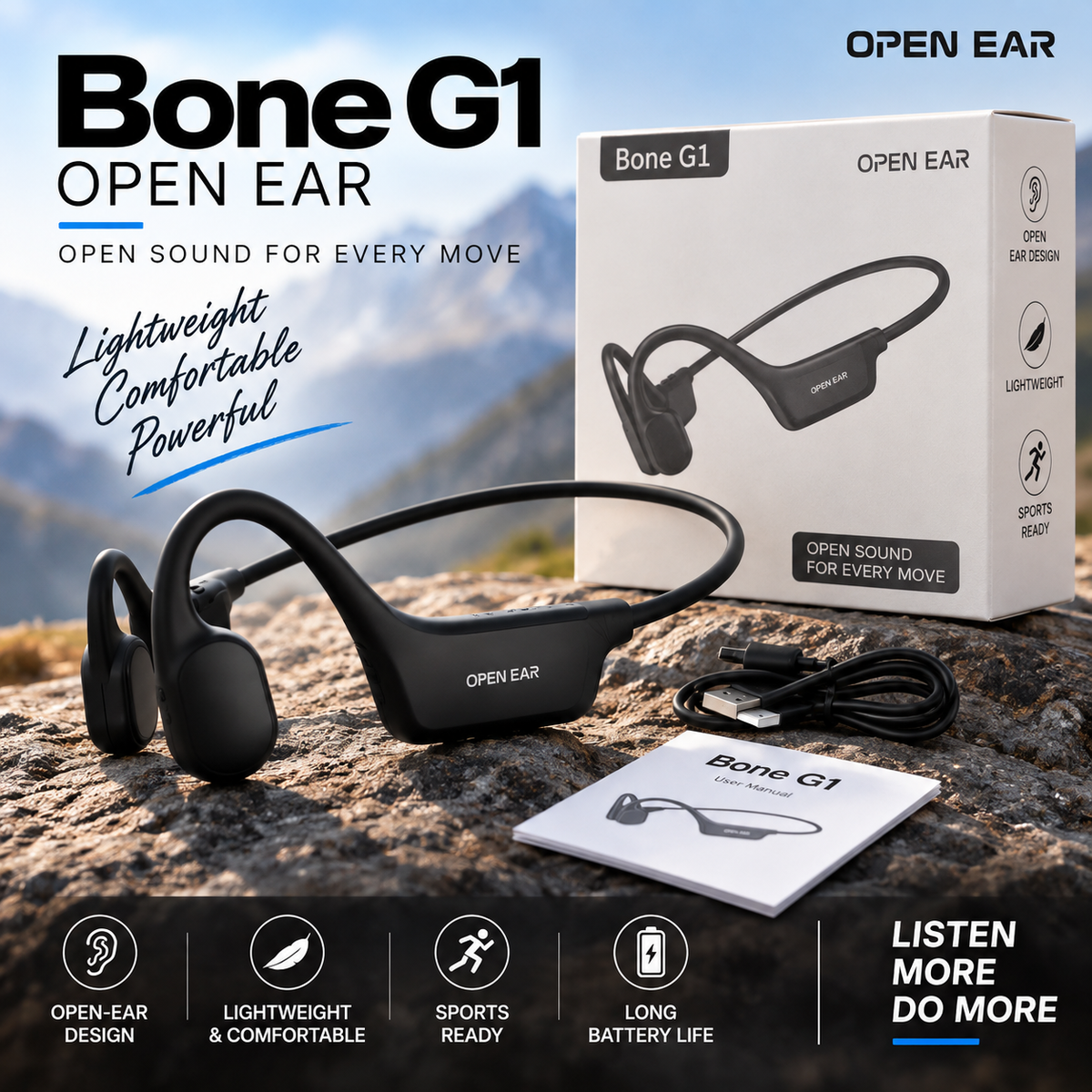Bone G1 Open-Ear Ακουστικά Bluetooth – Αθλητικά & Αδιάβροχα IPX7