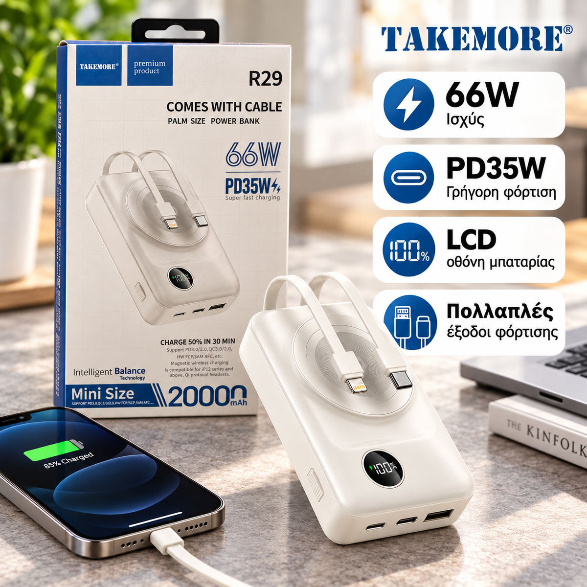 TAKEMORE Mini Power Bank 20.000mAh – Μαγνητική Φόρτιση & Ενσωματωμένα Καλώδια