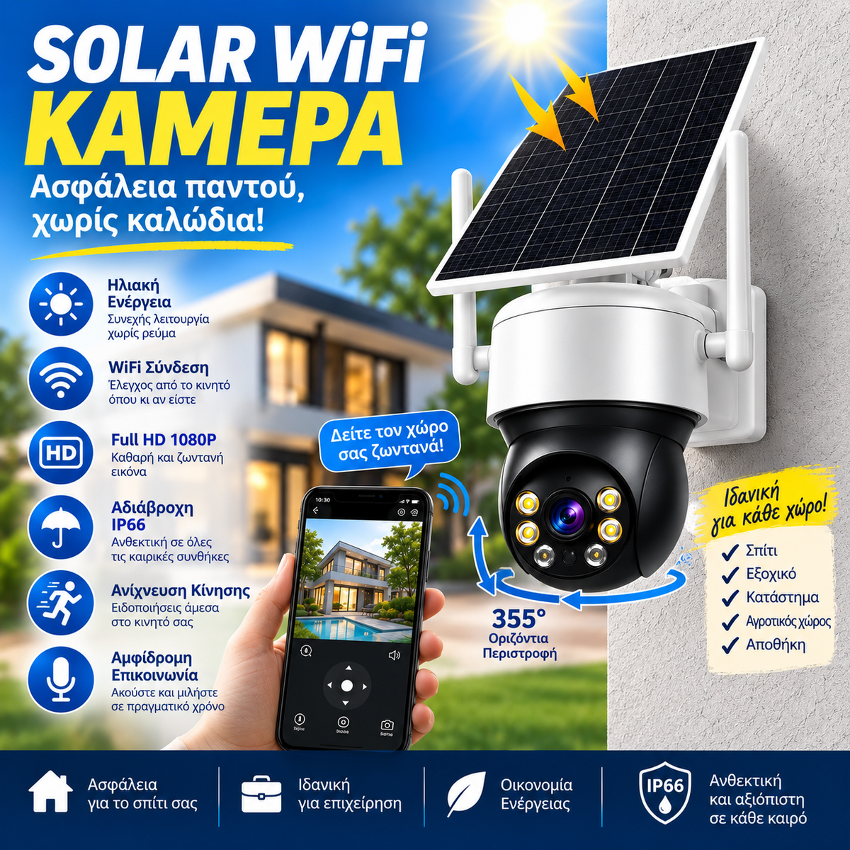 Ηλιακή Κάμερα Ασφαλείας WiFi PTZ – 1080P Full HD • IP66 • iCSee