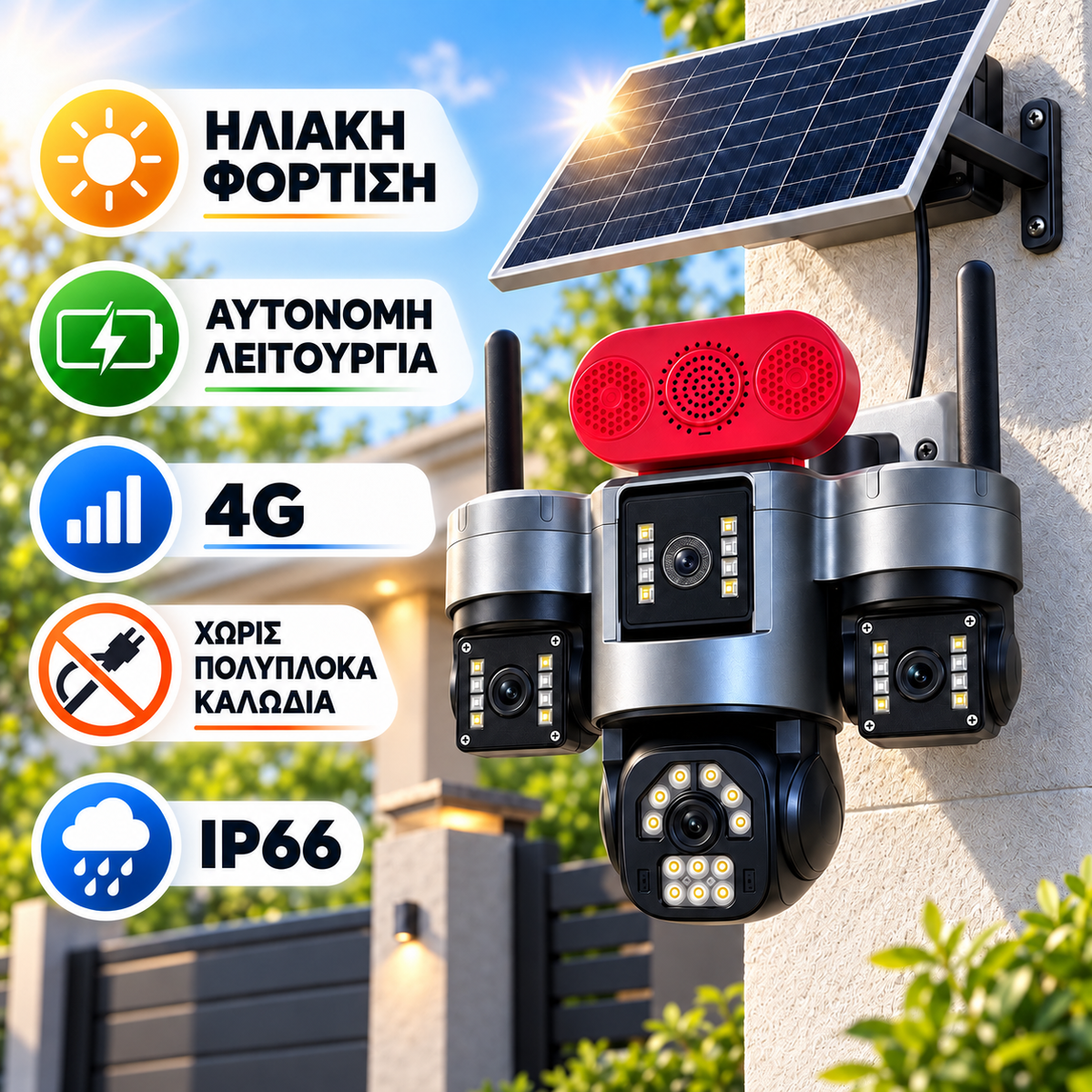 Ηλιακή Triple Κάμερα Παρακολούθησης 4G με 3 Φακούς & Περιστροφή 355°