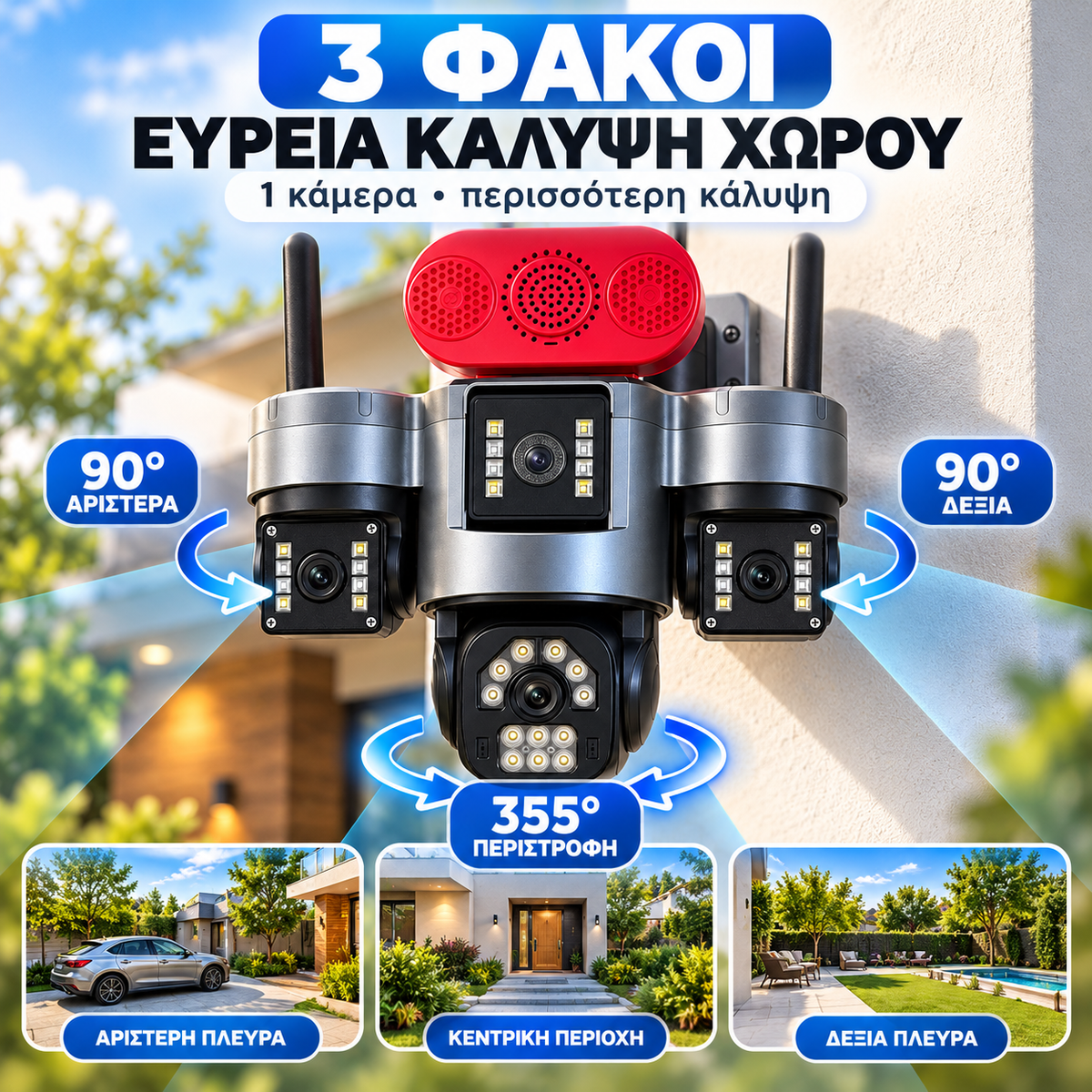 Ηλιακή Triple Κάμερα Παρακολούθησης 4G με 3 Φακούς & Περιστροφή 355°