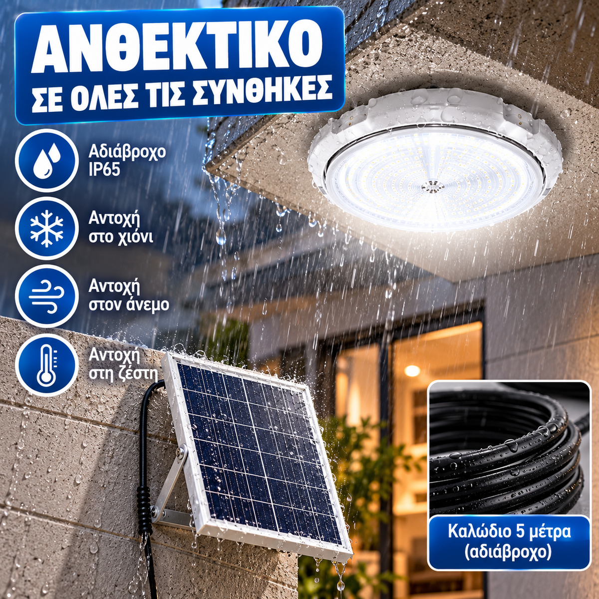 Ηλιακό Φωτιστικό Οροφής LED με Τηλεχειριστήριο & Ξεχωριστό Solar Panel
