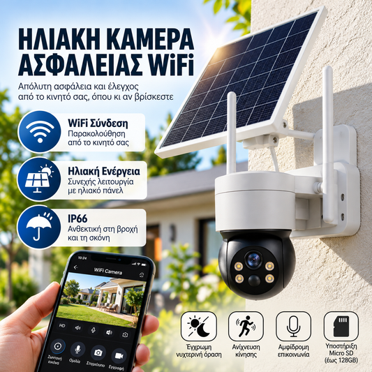 Ηλιακή Κάμερα Ασφαλείας WiFi PTZ – 1080P Full HD • IP66 • iCSee