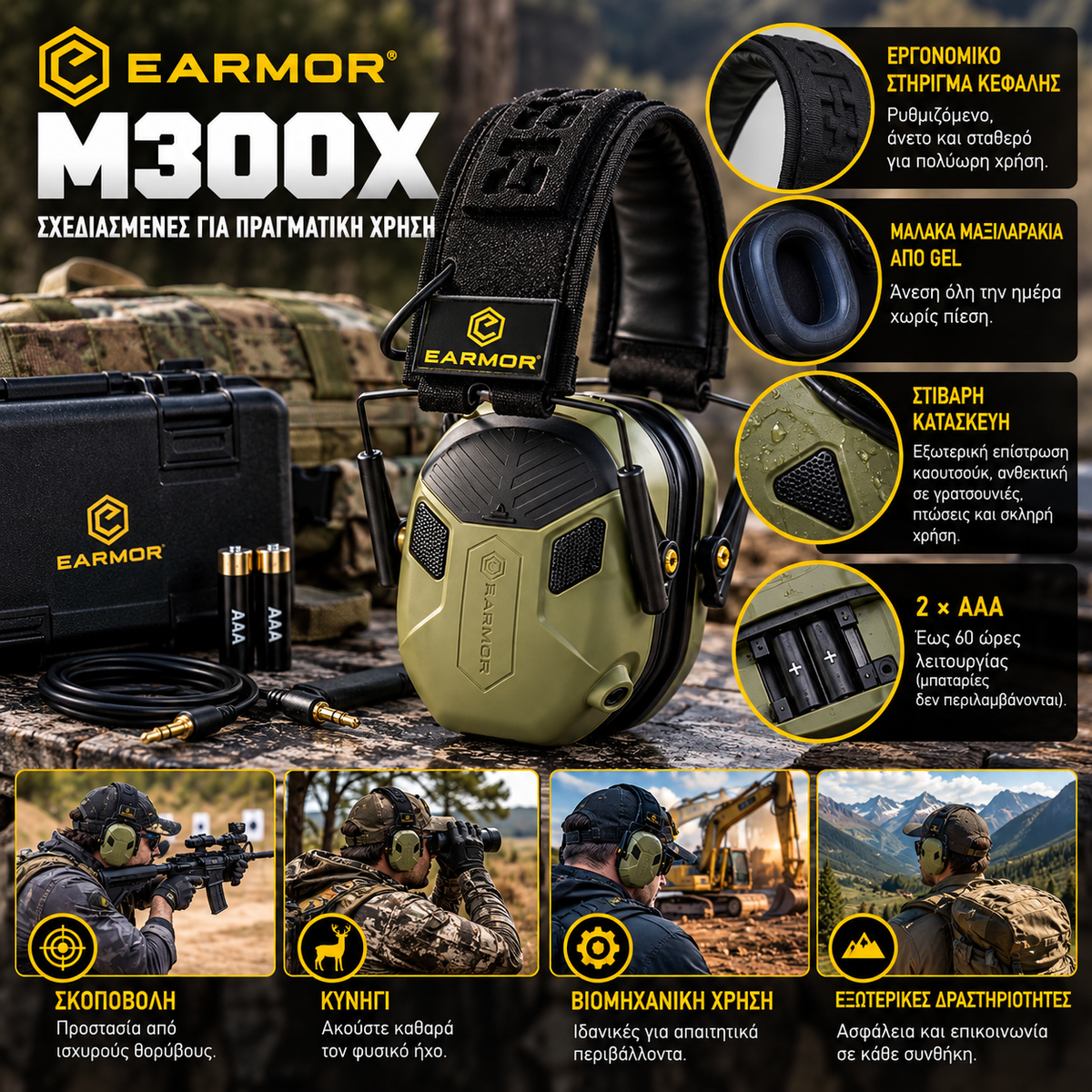 EARMOR M300X Ηλεκτρονικές Ωτοασπίδες Σκοποβολής – 4 Μικρόφωνα 360°