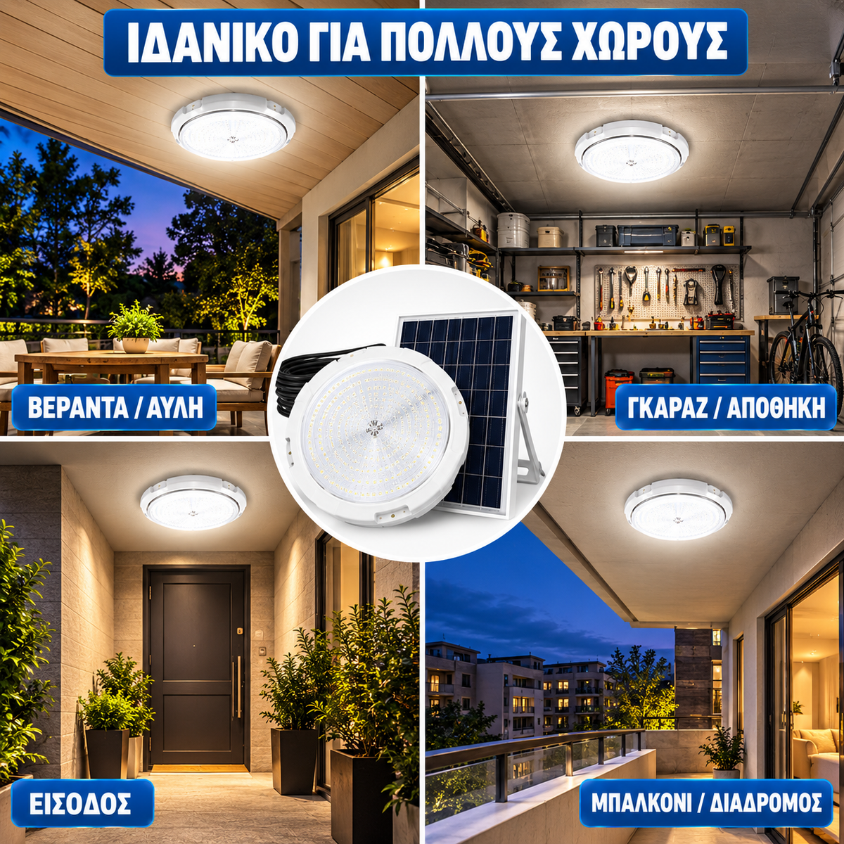 Ηλιακό Φωτιστικό Οροφής LED με Τηλεχειριστήριο & Ξεχωριστό Solar Panel