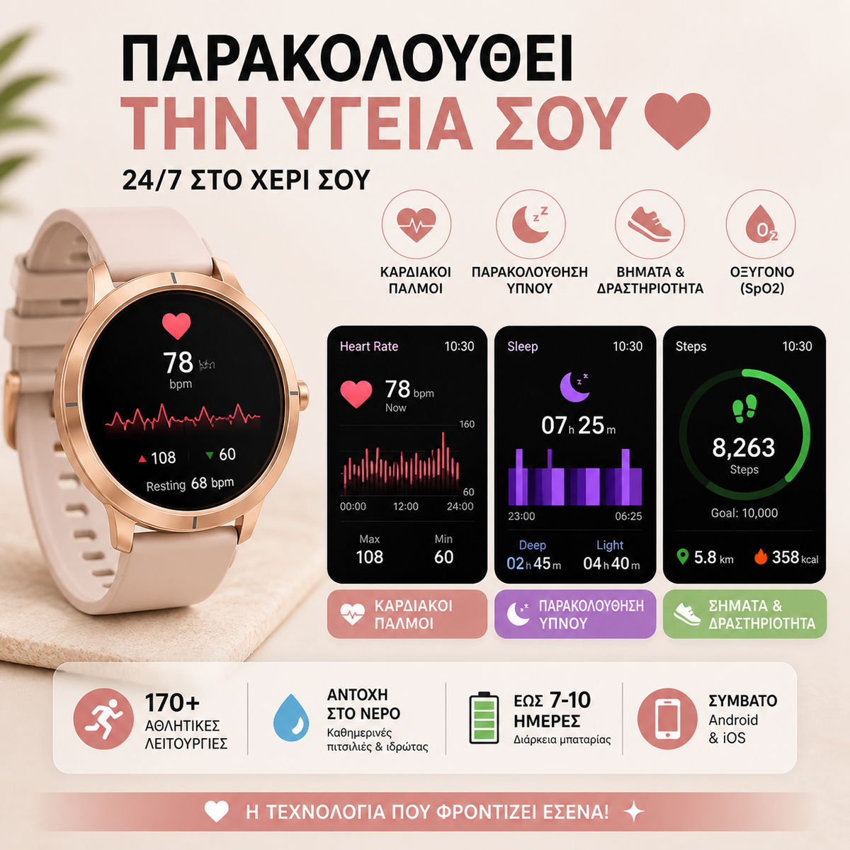 Smartwatch GPS με κλήσεις , υγεία, Υποστήριξη Strava & AMOLED Οθόνη