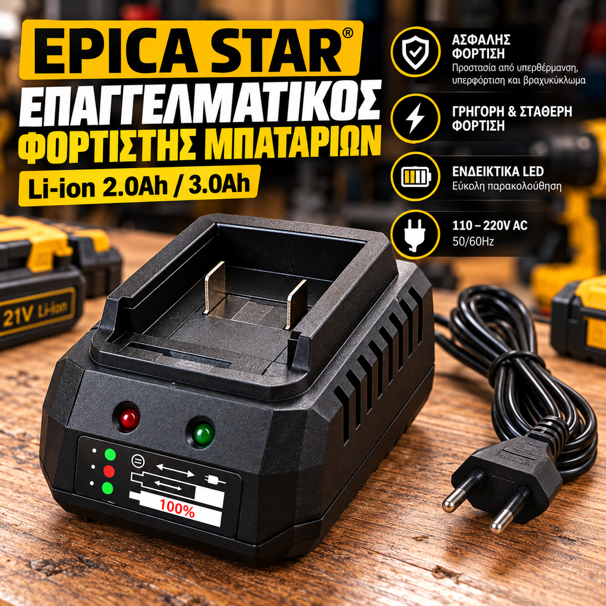 EPICA STAR Φορτιστής Μπαταριών Li-ion 21V – 2.0Ah / 3.0Ah