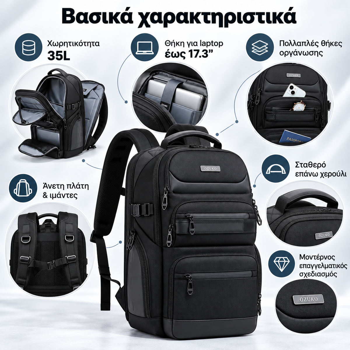 OZUKO Τσάντα Πλάτης Laptop 17.3" – 35L | Business & Travel