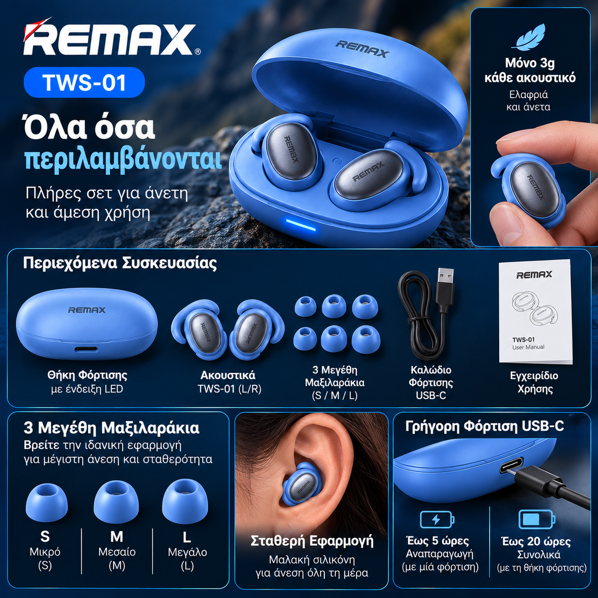 REMAX TWS-01 Ασύρματα Ακουστικά Bluetooth 5.4 με ENC
