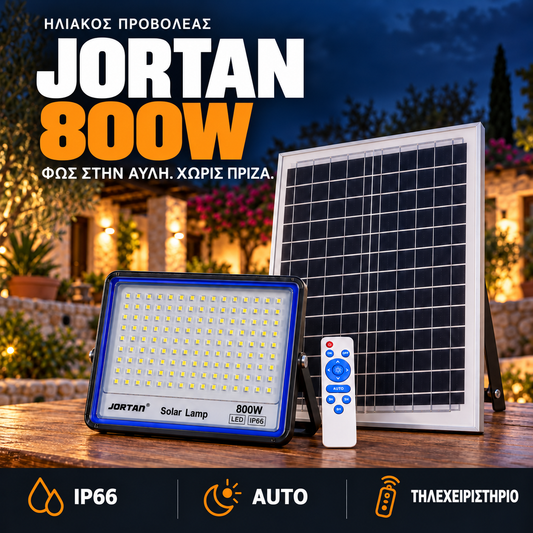JORTAN 800W Ηλιακός Προβολέας LED IP66 με Πάνελ & Τηλεχειριστήριο