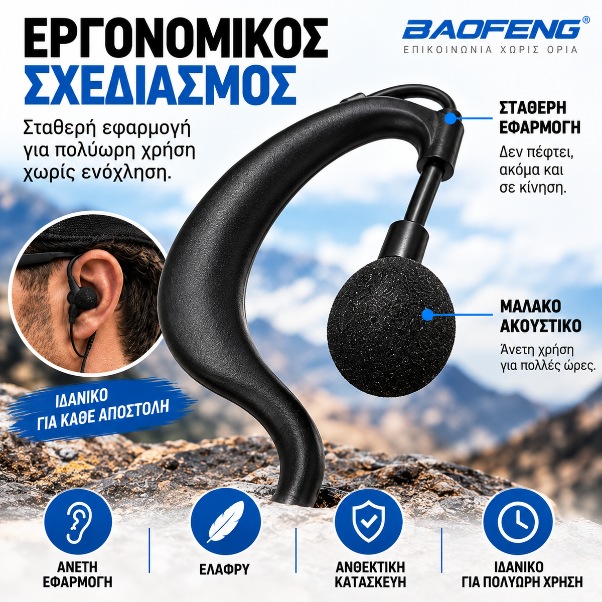 Baofeng Ακουστικό PTT με Μικρόφωνο – UV-9R Plus / BF-A58 / BF-9700