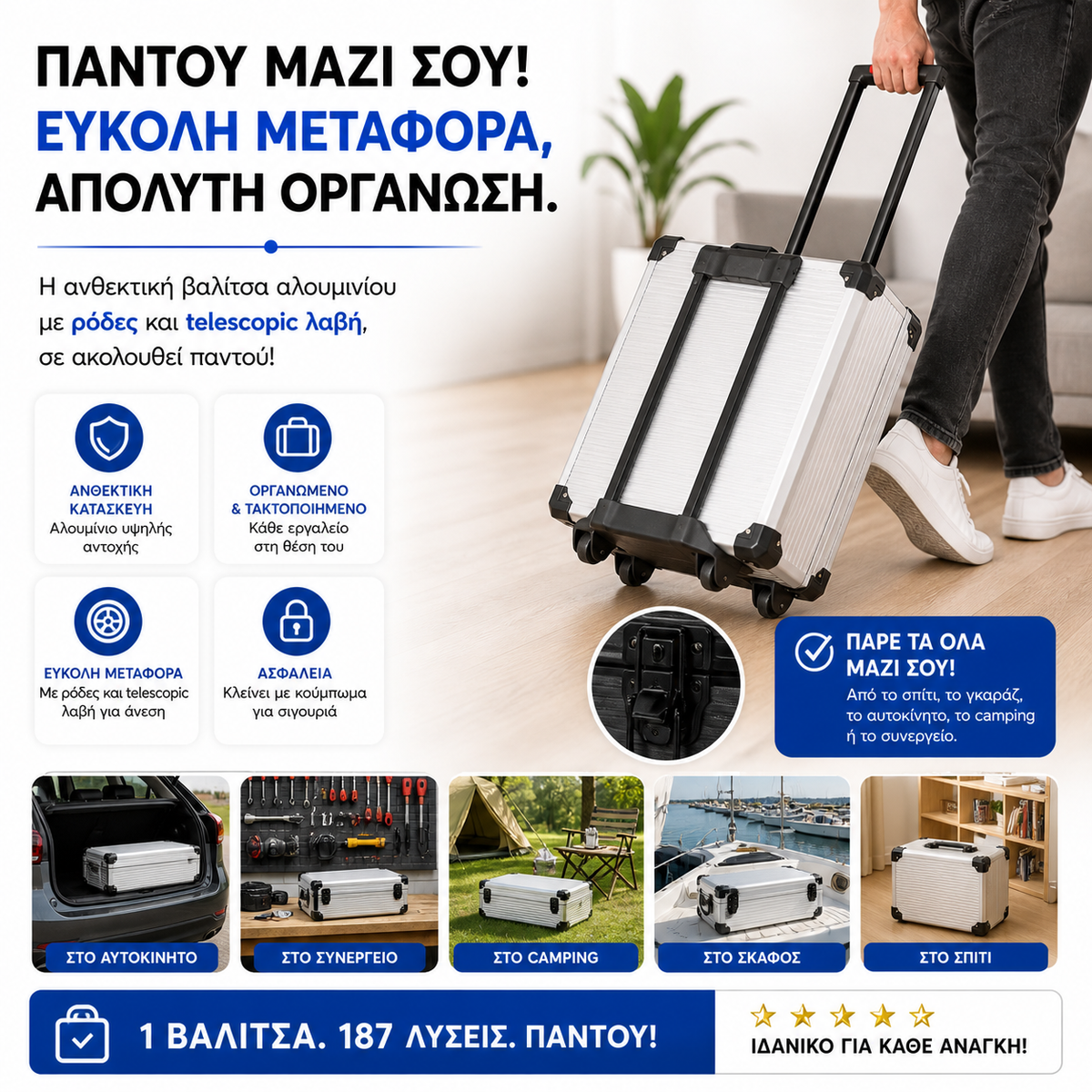 Επαγγελματικό Σετ Εργαλείων 187 Τεμαχίων με Βαλίτσα Αλουμινίου – Καρυδάκια, Καστάνιες, Πένσες & Κατσαβίδια