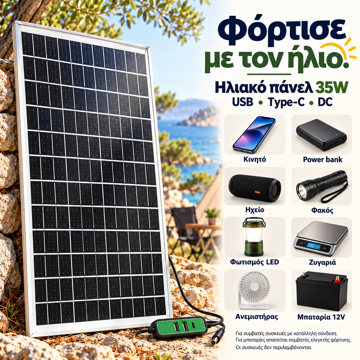 Ηλιακό Πάνελ Φόρτισης 35W με USB, Type-C & DC – Για Κινητά, Power Banks & Φορητές Συσκευές